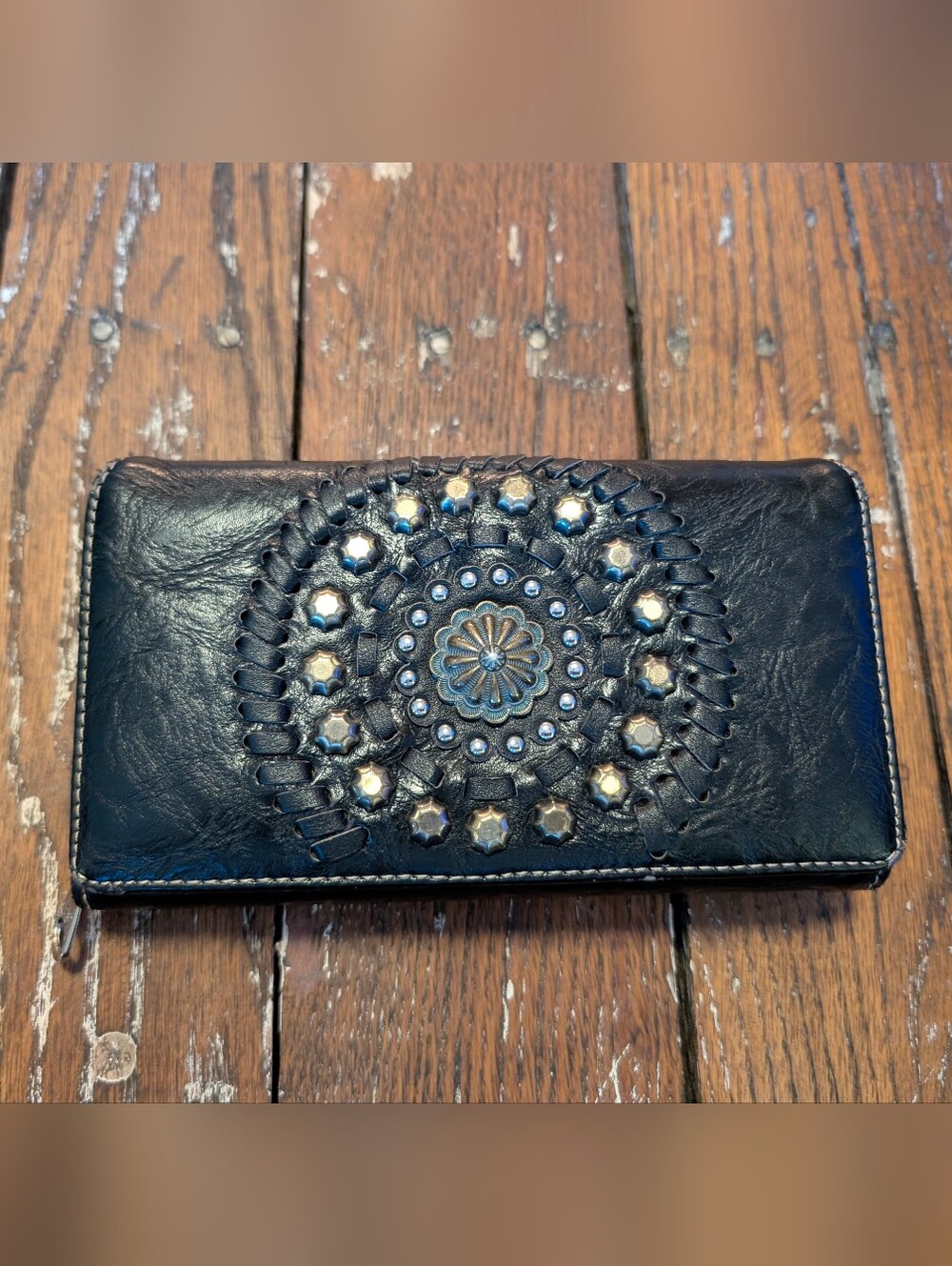 Montana West Black Studded Leather Wallet with Decorative Concho